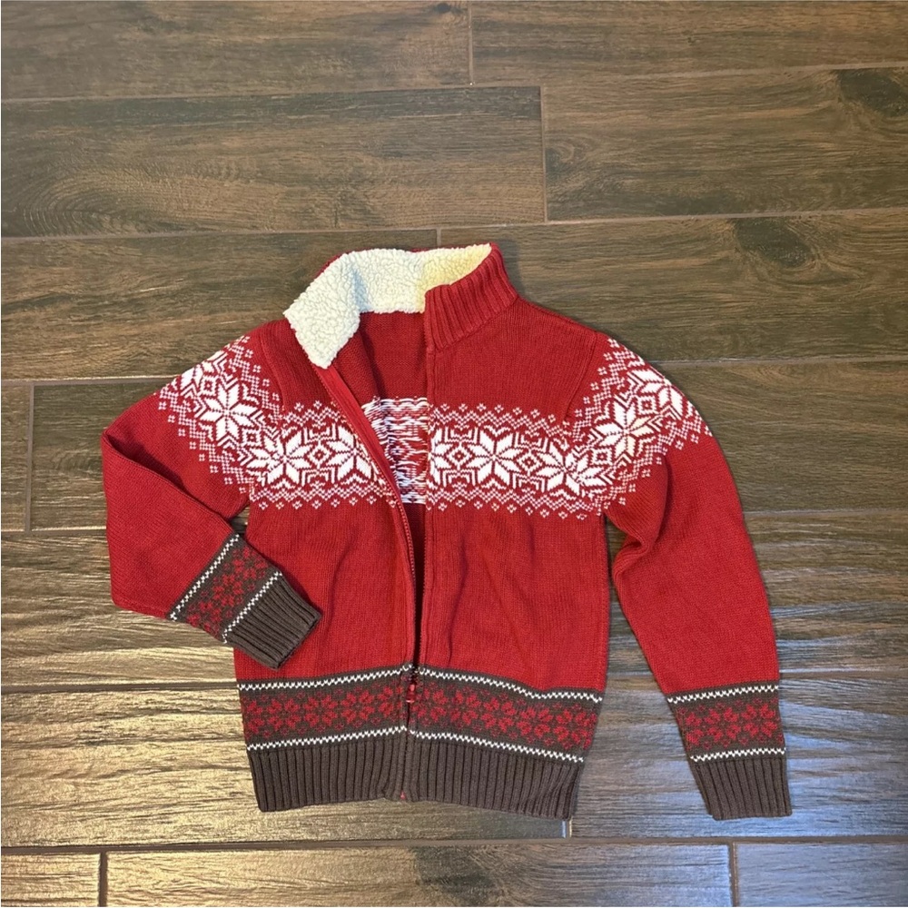 Gymboree Fair Isle Red Brown Snowflake Zip Cardigan Sherpa Collar 7/8